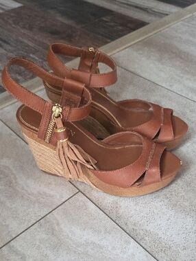 Ralph Lauren Tan Leather Espadrille Wedge Sandals